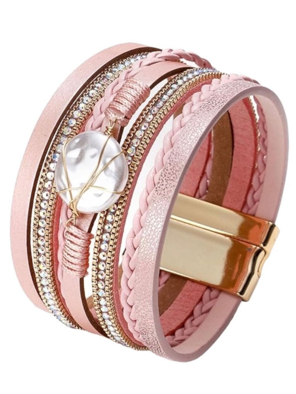 NWT Pink & Gold Leather Pearl Beaded Boho Wrap Cuff Bangle Bracelet with Clasp